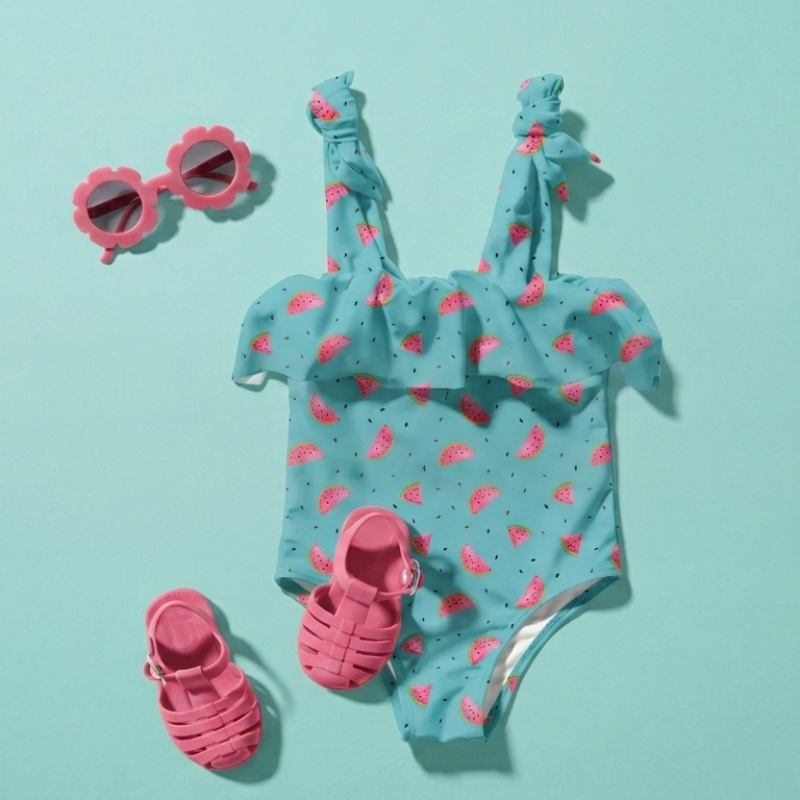Costume da bagno per bambini di colore turchese con motivo a cocomero, occhiali da sole rosa e scarpe da bagno abbinate, stesi su sfondo turchese.
