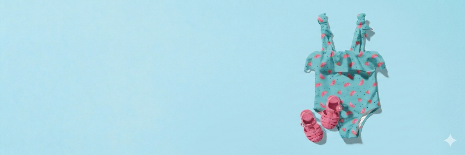 Türkisfarbener Kinderbadeanzug mit Wassermelonen-Muster, rosa Sonnenbrille und passende Badeschuhe flach liegend auf türkisem Hintergrund.